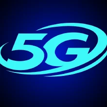 โลโก้ 5G ตัวอักษรสีฟ้าเรืองแสง