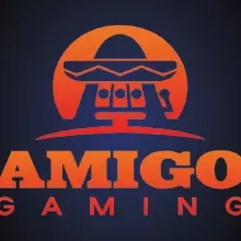 โลโก้ Amigo Gaming ตัวอักษรส้มพร้อมไอคอนสล็อต