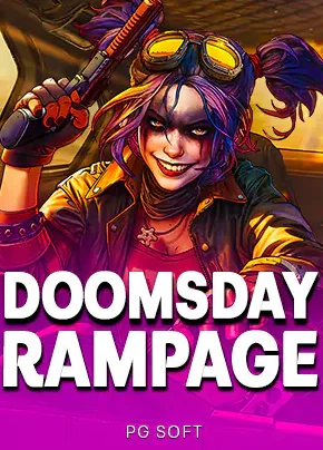 ปกเกมสล็อต Doomsday Rampage นักรบหญิงแว่นกันลม